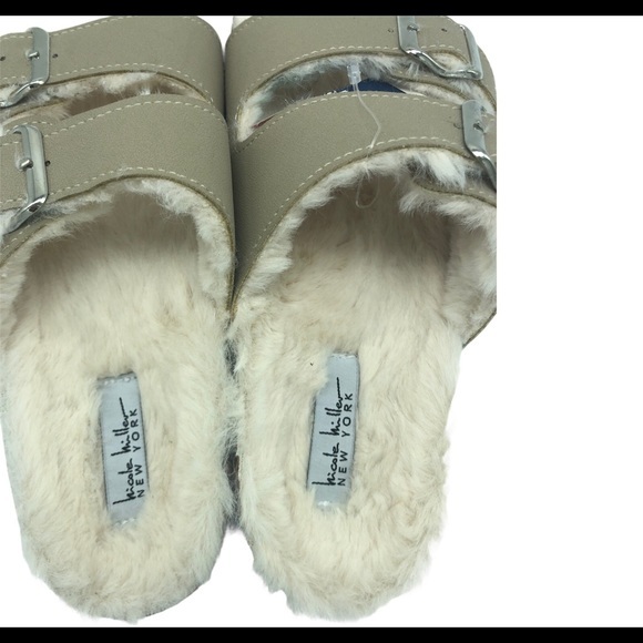 Nicole Miller New York Taupe Faux Fur Lined Double Strap Buckle Slide Sandals - Picture 3 of 5